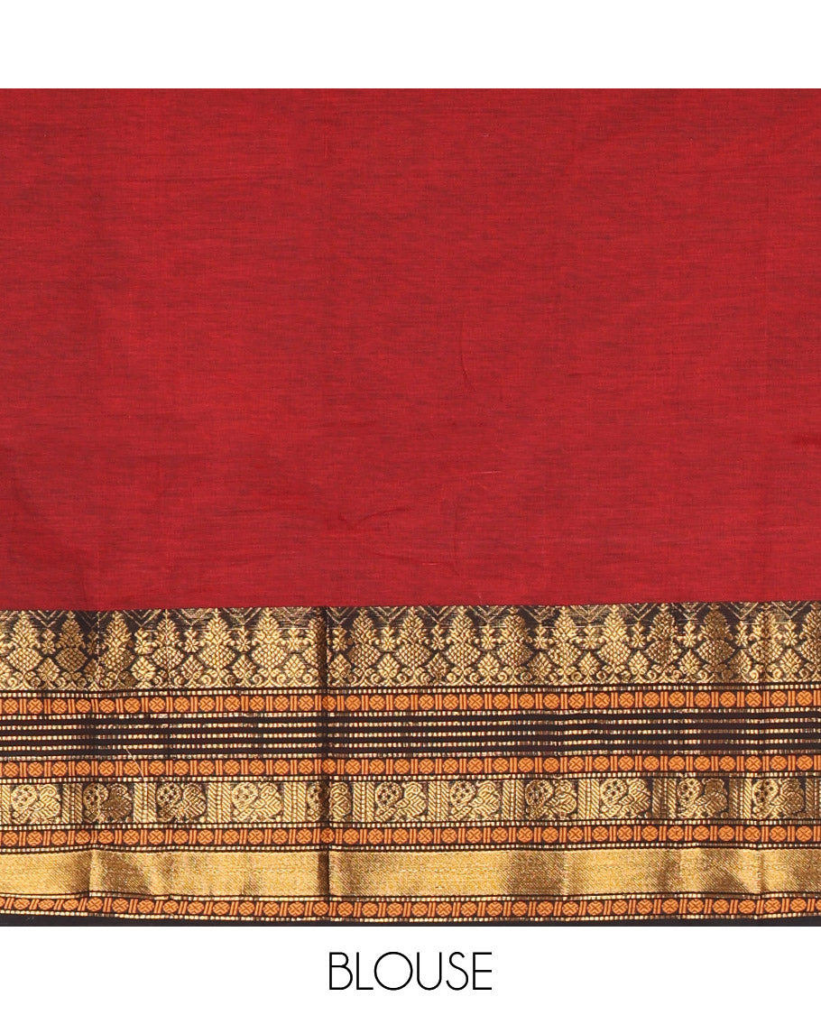 Red-Black Chettinad Cotton Saree Features a Plain Skirt, a Contrast Traditional Zari Border, Matching Blouse, and Contrast Syska Georgette Dhavani
