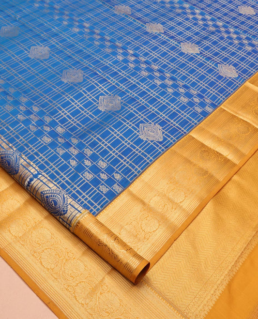 Blue Vasundhara Lite Silk Mix Saree, Woven with Butta Enclosed Checks, a Contrast Border of Kodi Visiry Designs, Grand Jaal Pallu, and a Contrast Blouse