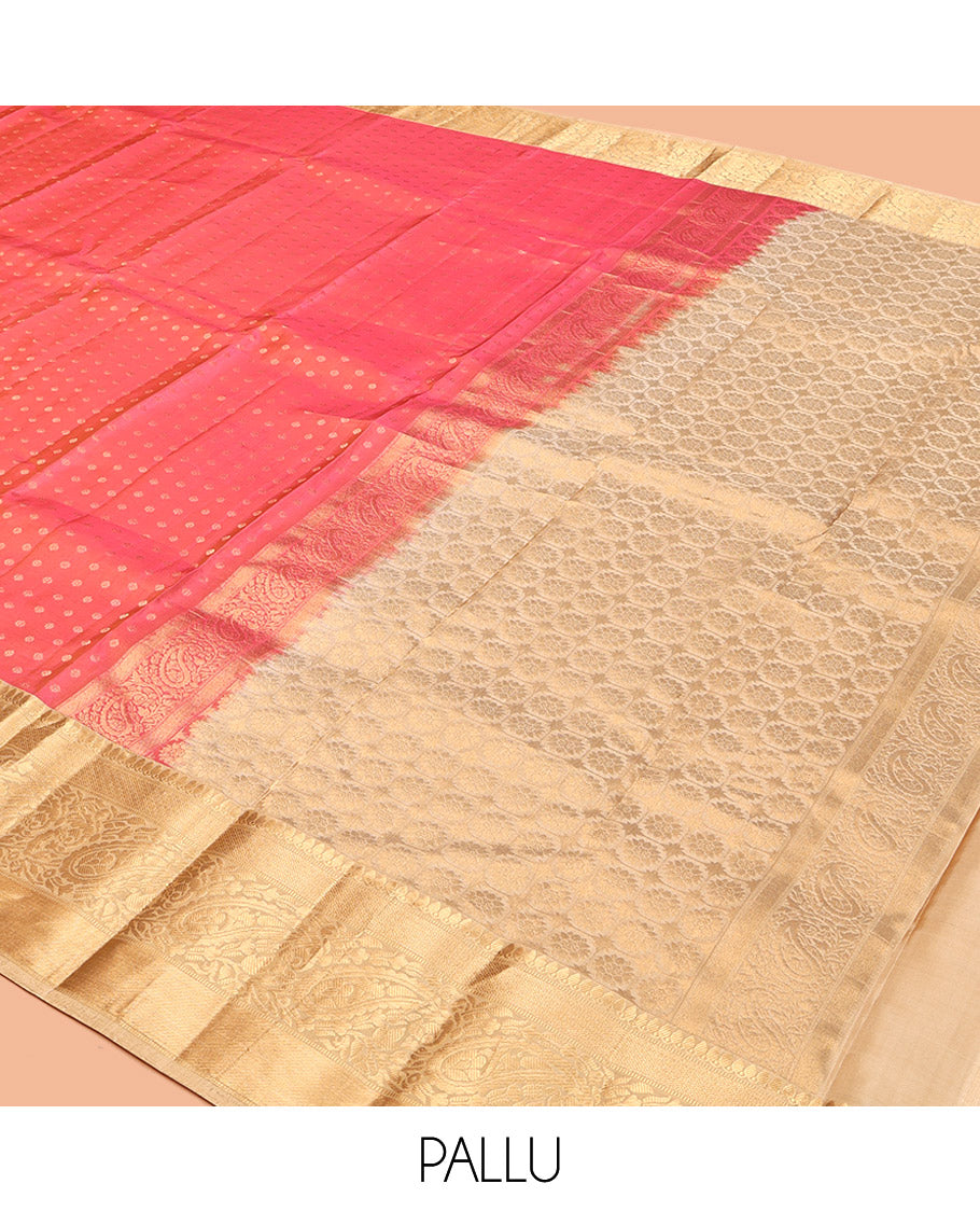 Pink Vasundhara Lite Silk Mix Saree, Decorated with Zari Buttas, Complemented by a Contrast Border of Thilakam Mokku, and Paisley Designs, Intricate Pallu, and a Contrast Blouse
