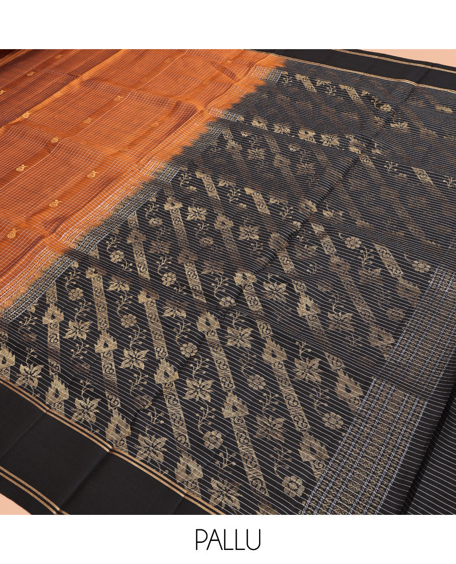Orange Mayuri Lite Silk Mix Saree, Gleamed Up with Buttas and Checks, Complemented by Contrast Border, Floral Design Pallu, and Contrast Blouse