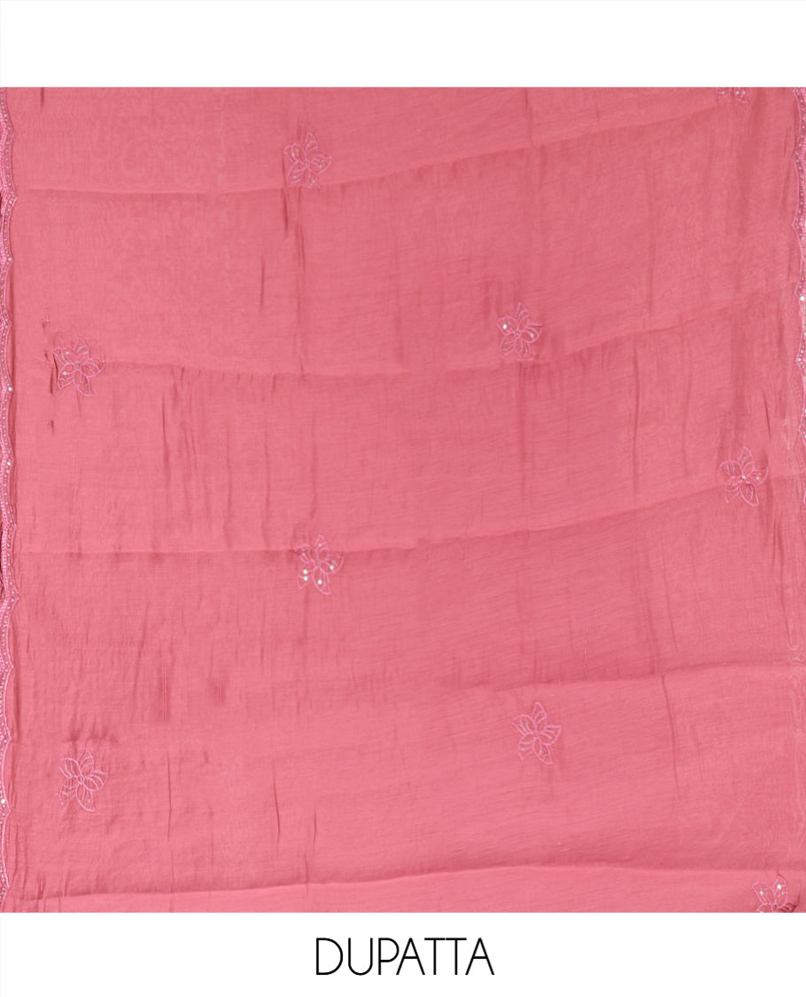 Onion Pink Mul Chanderi Material Chudidar Set, Floral Embroidered Top, Plain Santoon Bottom, and Scallop Embroidered Dupatta