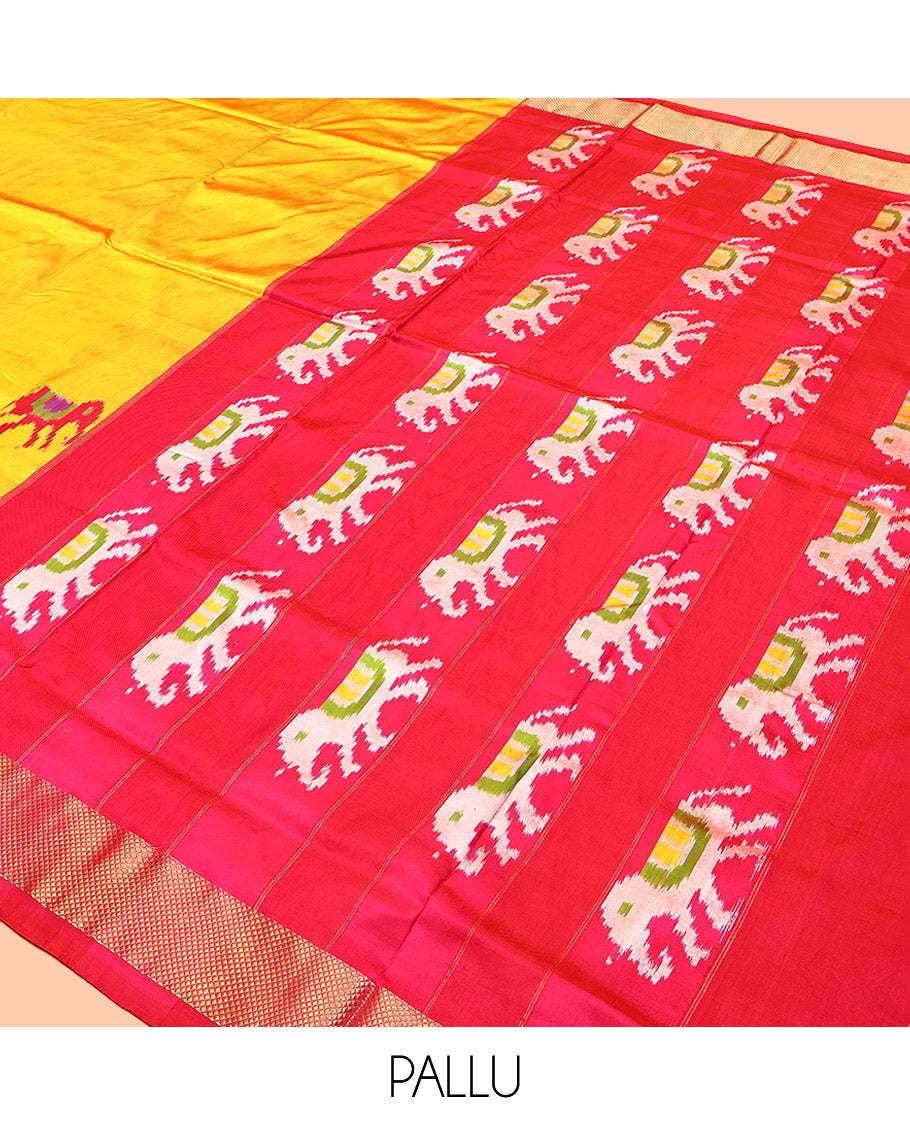Yellow Pochampally Ikat Saree, Adorned with Elephant Buttas, a Zari Border, Contrast Elephant Motif Pallu, and a Contrast Blouse