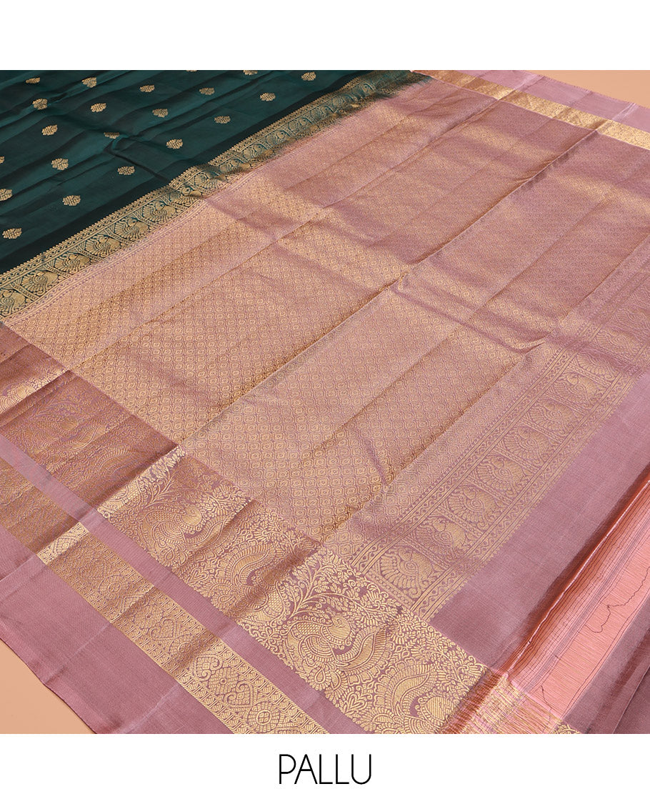 Green Zari-Buttas Vasundhara Lite-Silk Mix Saree, Complemented by a Contrast Traditional Zari Kal Eragina Border, Grand Jaal Pallu, and a Contrast Blouse