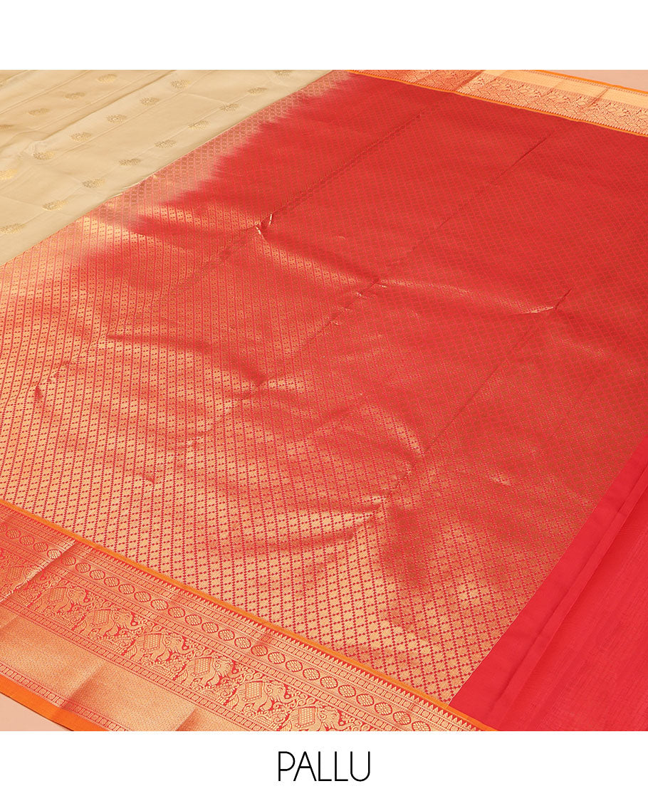Sandal Vasundhara Lite Silk Mix Saree, Subtly Sparkled with Zari Buttas on Its Body, Complemented by a Contrast Border of Rekku, Rudraksham, Laddu Kamalam, Yaanai, and Mayil Kann Designs, Grand Jaal Pallu, and Paired with a Contrast Blouse