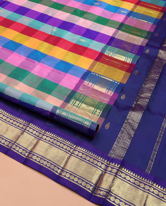 Multi-Color Kanchipuram Silk Saree, Richly Woven with Palum Pazhamum-Style Checked Design on Its Body, Highlighted by a One-Sided Zari Border of Rekku, Banaras, Poun, and Vanki Designs, Pallu Features Zari Designs, and Comes Without a Blouse