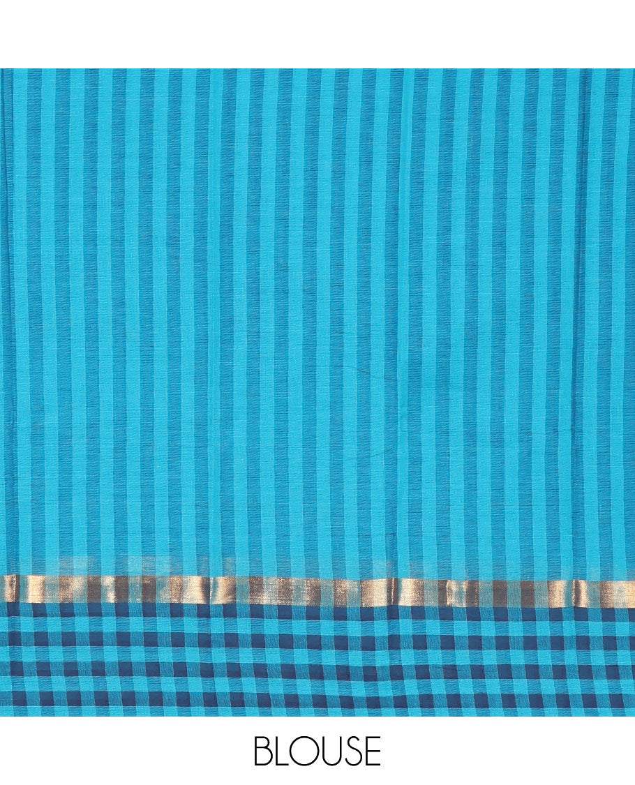 Blue Chirala Cotton Saree, Detailed with a Floral Vine Print, Striped Border, Printed Pallu, and a Matching Blouse