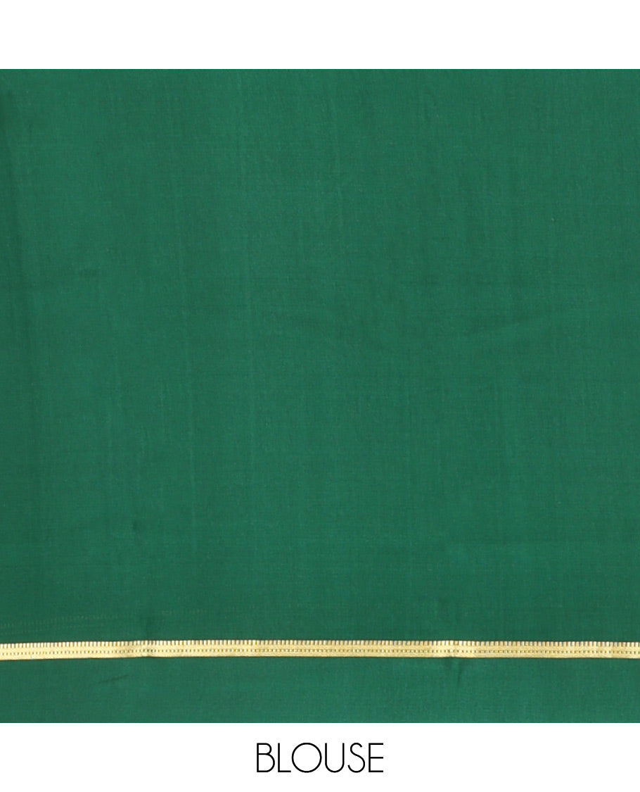 Orange Mysore Silk Saree, Embellished with Peacock Buttas and Stripes Across Its Body, Complemented by Contrast Border, Pallu Steeped with Traditional Zari Designs, and Paired with a Contrast Blouse