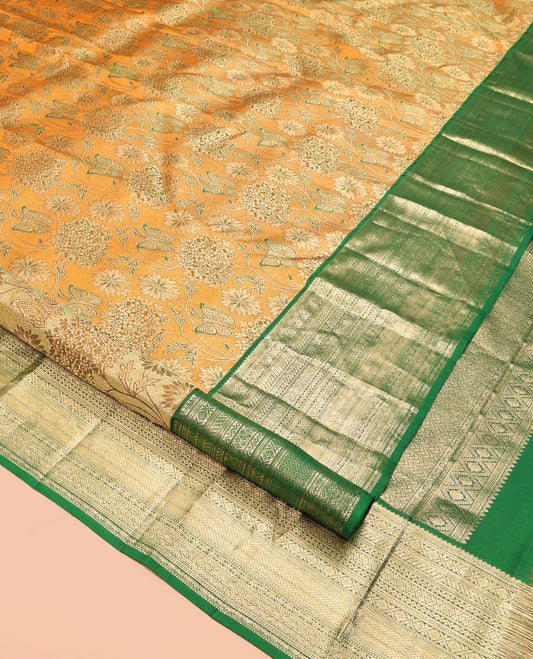 Orange Kanchipuram Wedding Silk Saree, Detailed with Jacquard Design, a Contrast Border of Traditional Designs, Grand Pallu, and a Contrast Blouse