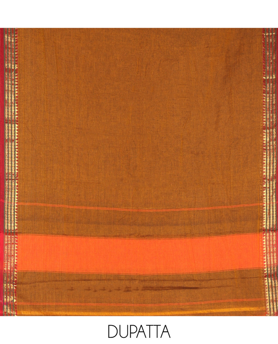 Mustard Mercerised Cotton Material Chudidar Set, Adorned with Rudraksham-Temple Bordered Top, a Mercerised Cotton Bottom, and Paired with a Matching Mercerised Cotton Rudraksham-Temple Bordered Dupatta