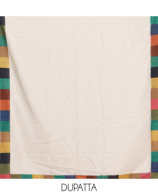 Cream Semi-Silk Material Churidar, Ornamented with Multi-Color Checked Top, a Plain Bottom, a Checked Bordered Plain Dupatta