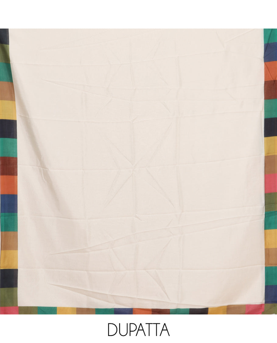 Cream Semi-Silk Material Churidar, Ornamented with Multi-Color Checked Top, a Plain Bottom, a Checked Bordered Plain Dupatta