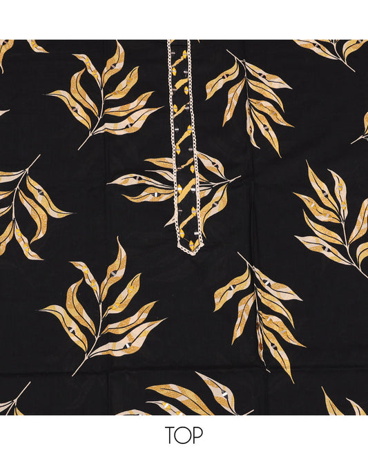 Black-Yellow Cotton Material Churidar Set Features Tropical Floral Print and Mirrorwork Top, Printed Bottom, and Contrast Print-Embroidered Dupatta