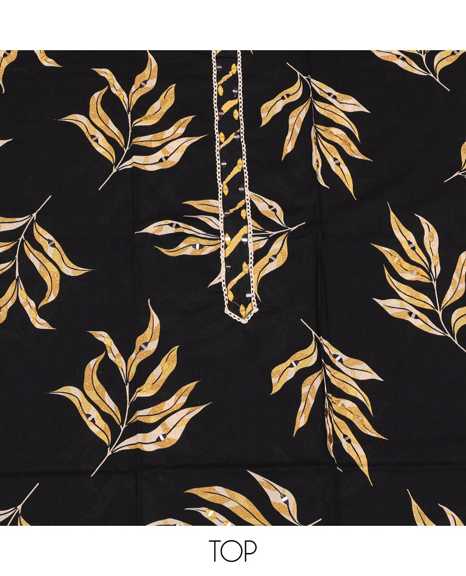 Black-Yellow Cotton Material Churidar Set Features Tropical Floral Print and Mirrorwork Top, Printed Bottom, and Contrast Print-Embroidered Dupatta
