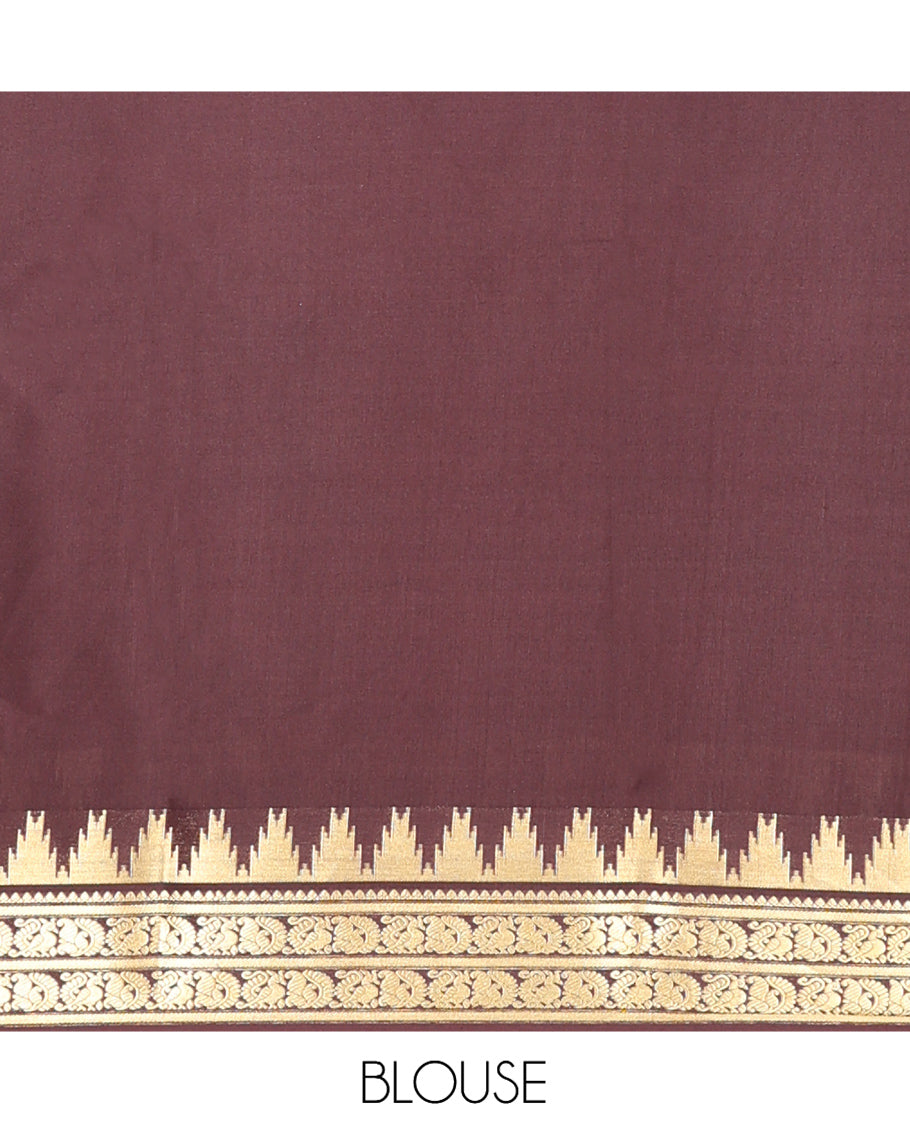 Turquoise Plain Mysore Silk Saree, Complemented by a Contrast Temple Peacock Zari Border, Zari Design Pallu, and a Contrast Blouse