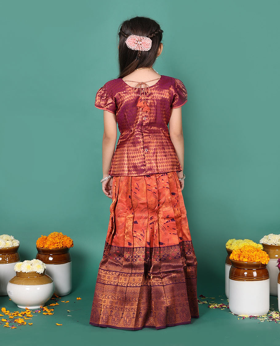 Orange readymade art silk pavadai set, jacquard with contrast traditional zari border skirt,