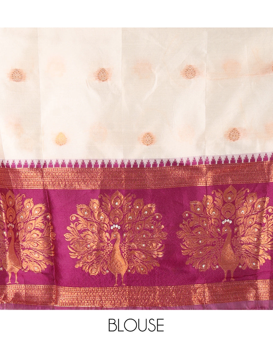 Cream-Dark Purple Semi-Silk Half-Saree