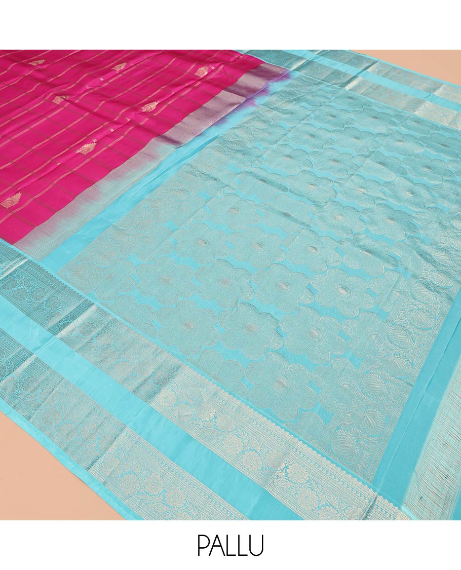 Pink Vasundhara Silk Saree, Enriched with Rekku Butta Enclosed Checks, Complemented by a Contrast Rettai Pettu Kodi Visiry Border, Grand Pallu, and Contrast Blouse