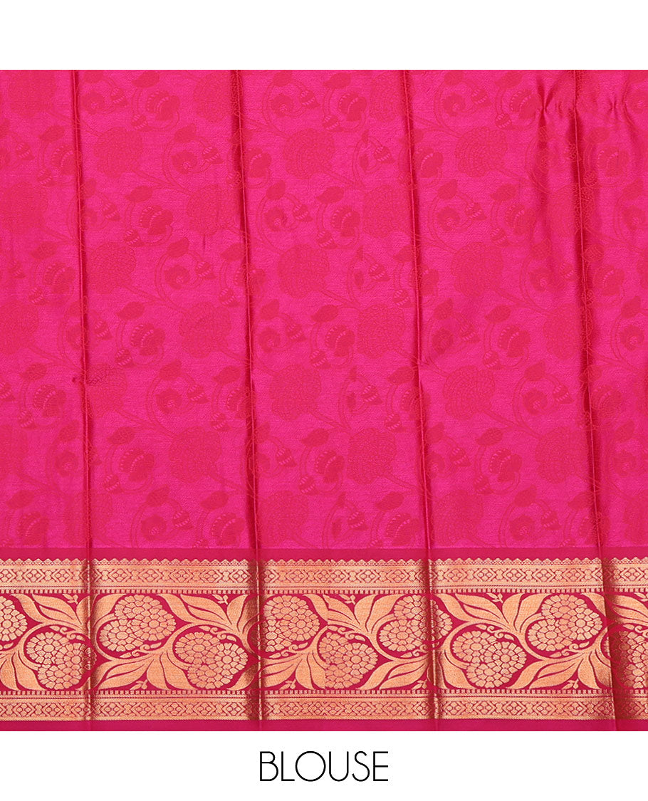 Grey Budget Silk Saree, Decked Up with Jacquard, Complemented by a Contrast Floral Creeper Zari Border, Grand Pallu, and a Contrast Blouse