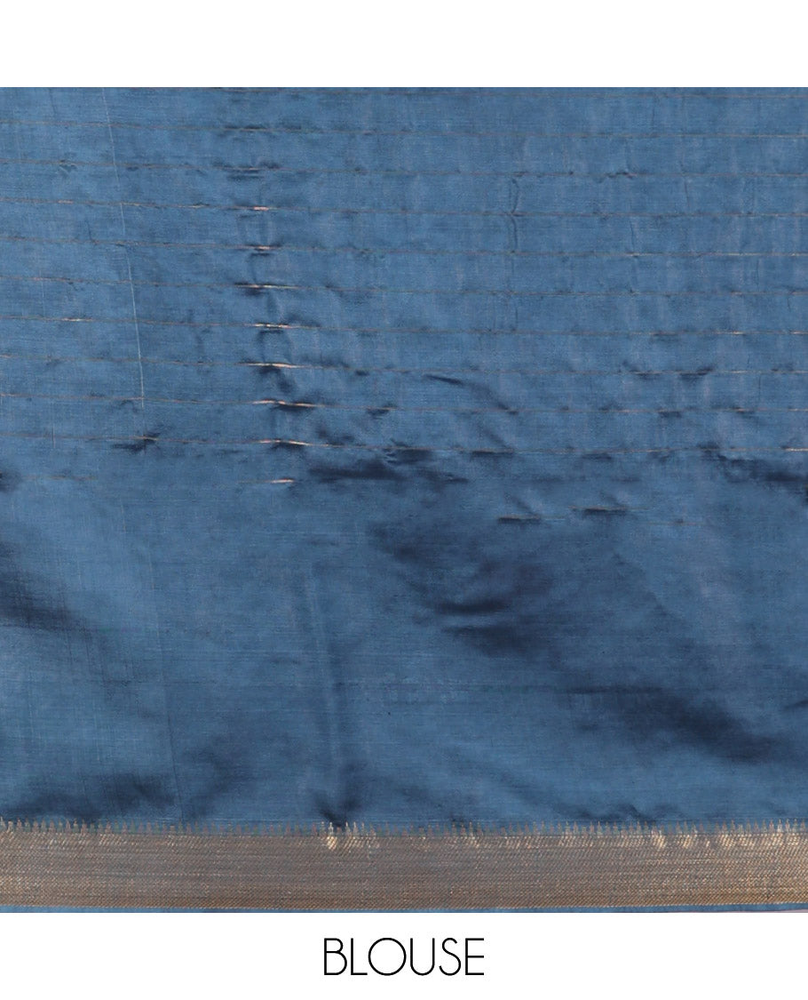 Blue Banana Pith Saree, Gleamed Up with Checks and Buttas, a Zari Temple Border, Striped Pallu, and Matching Blouse