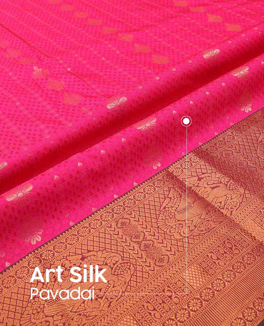 Pink floral design art silk pavadai material with contrast intricate zari design border & floral zari design blouse