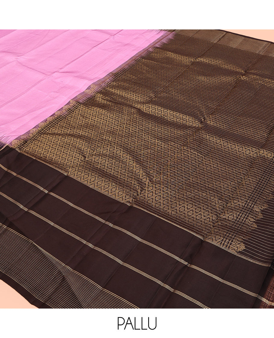 Pink Striped Kanchipuram Silk Saree, Complemented by Contrast Maan Butta Enclosed Checked Border, Jaal Pallu, and a Contrast Blouse