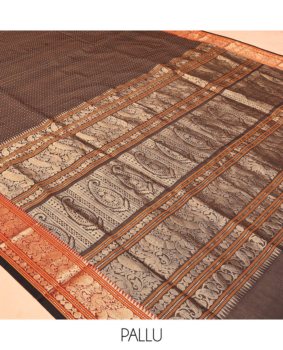 Black Buttas Enclosed Checked Kuppadam Silk Saree, a Contrast Peacock Border, Grand Pallu, a Matching Blouse