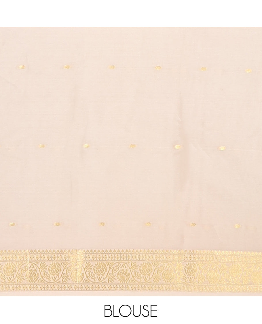 Dark Pink Zari Buttas Mysore Silk Saree, Complemented by a Contrast Floral Creeper Zari Border, Zari Design Pallu, and a Contrast Blouse