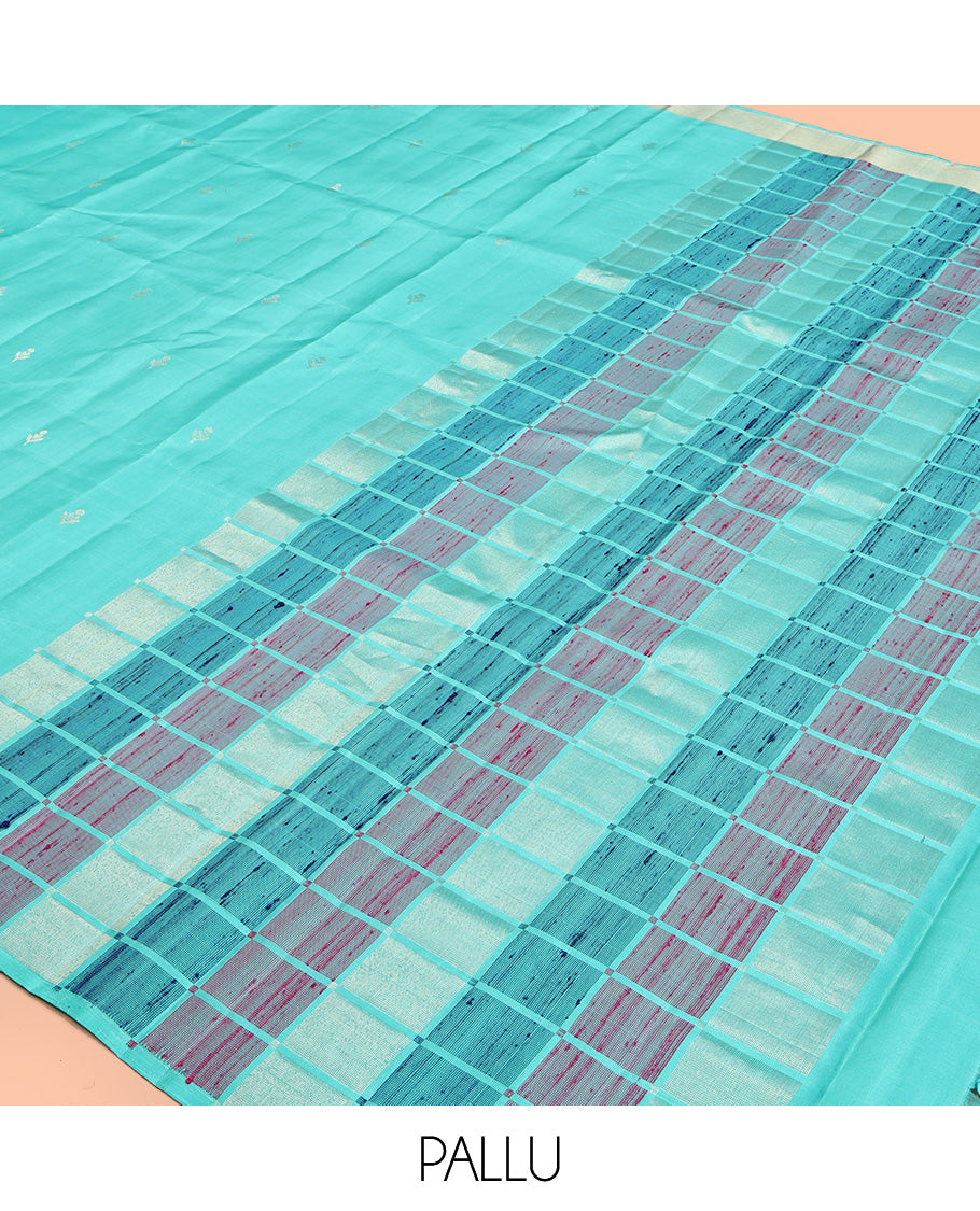 Blue Mayuri Soft Silk Saree, Sparsely Woven with Buttas All Over Its Body, Highlighted by Temple Border, Pallu of Colorful Checks, and Paired with a Matching Blouse