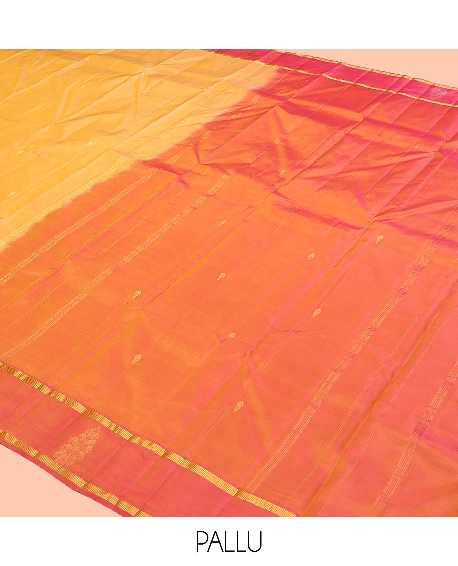 Yellow Kanchipuram Silk Saree, Woven with Zari Buttas, Complemented by Contrast Zari Motif Border, Pallu of Zari Design, and a Contrast Blouse