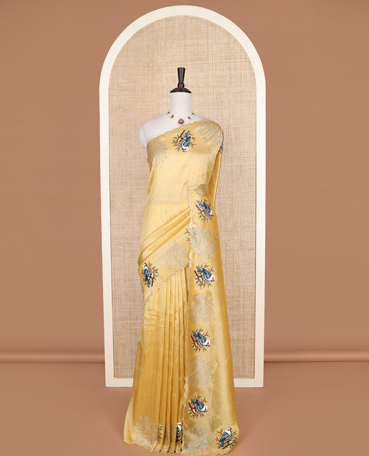 Yellow micro stone work designer saree with scallop stone work border of sparrow motifs digital print, and pallu of micro-stone work