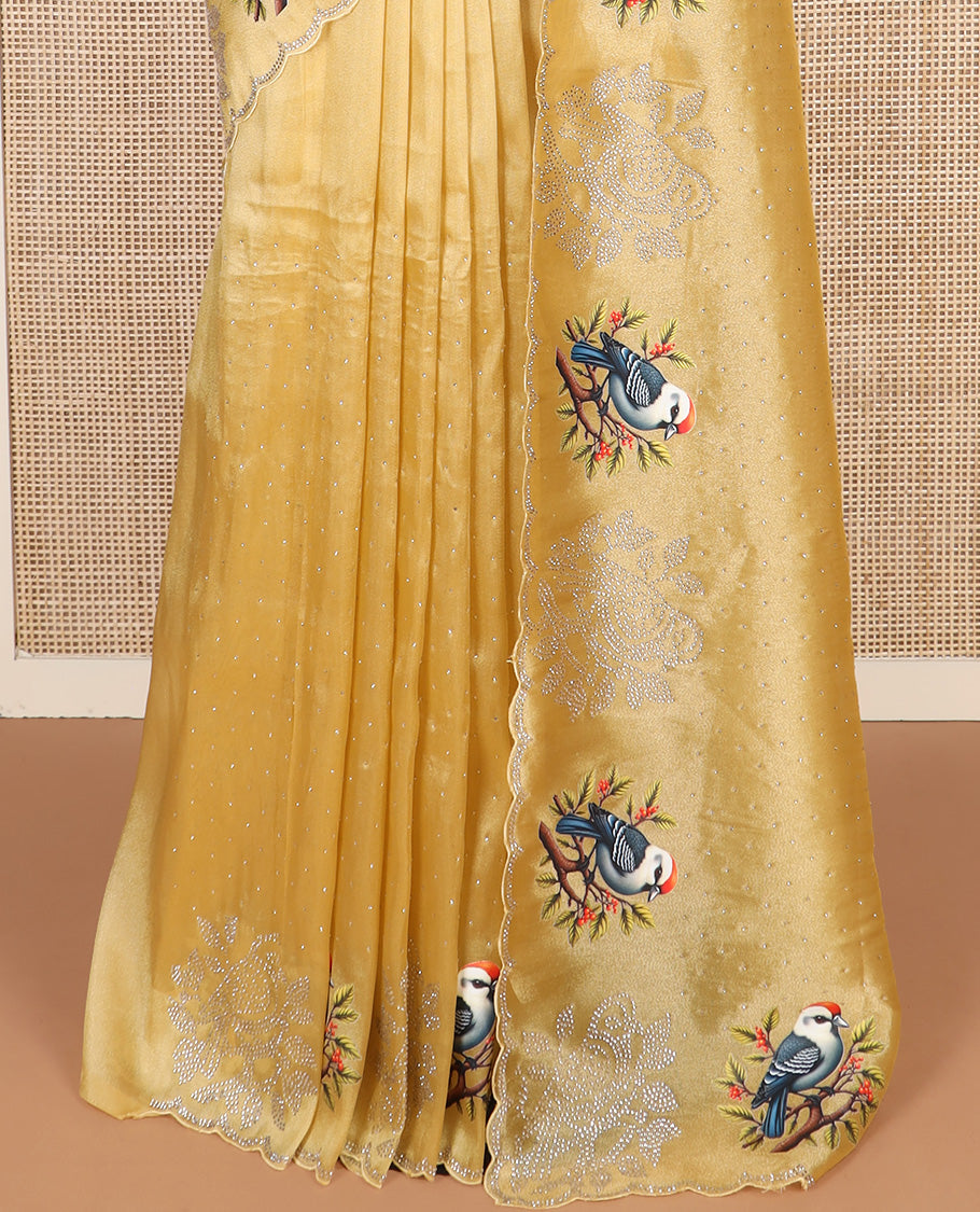 Yellow micro stone work designer saree with scallop stone work border of sparrow motifs digital print, and pallu of micro-stone work