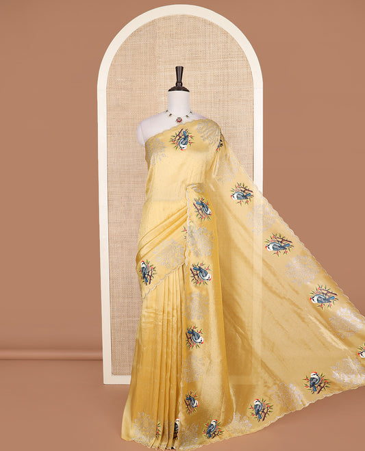 Yellow micro stone work designer saree with scallop stone work border of sparrow motifs digital print, and pallu of micro-stone work