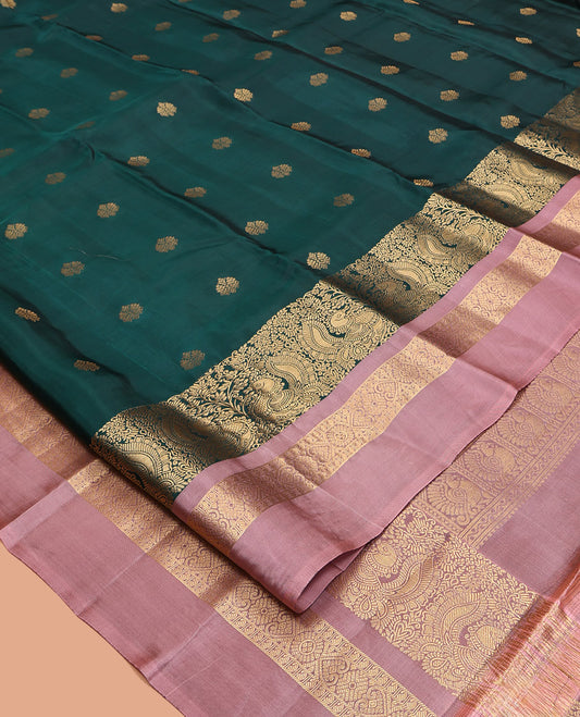 Green Zari-Buttas Vasundhara Lite-Silk Mix Saree, Complemented by a Contrast Traditional Zari Kal Eragina Border, Grand Jaal Pallu, and a Contrast Blouse