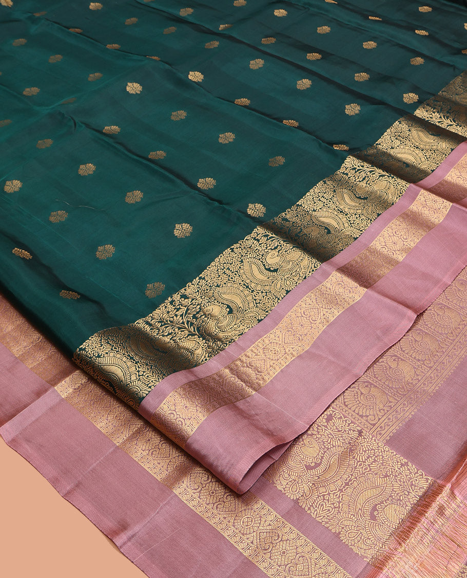 Green Zari-Buttas Vasundhara Lite-Silk Mix Saree, Complemented by a Contrast Traditional Zari Kal Eragina Border, Grand Jaal Pallu, and a Contrast Blouse