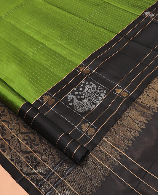 Green Mayuri Lite Silk Mix Saree, Sparsely Woven with Muthu Stripes, Complemented by a Contrast Checked Border of Mayil, Thazampoo Rekku, and Rudraksham Designs, Grand Pallu, and a Contrast Blouse