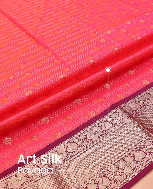 Pink Art Silk Pavadai Material Set, Subtly Enriched with Zari Butta Enclosed Checks on Its Skirt, Complemented by a Contrast Traditional Zari Design Border, and Paired with a Contrast Blouse