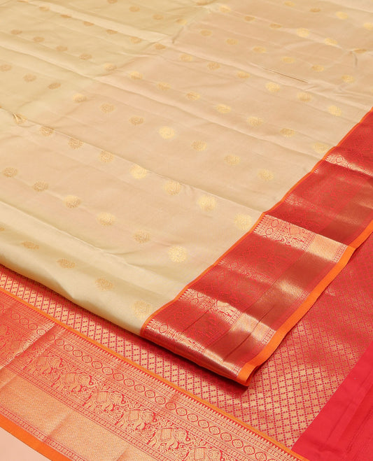 Sandal Vasundhara Lite Silk Mix Saree, Subtly Sparkled with Zari Buttas on Its Body, Complemented by a Contrast Border of Rekku, Rudraksham, Laddu Kamalam, Yaanai, and Mayil Kann Designs, Grand Jaal Pallu, and Paired with a Contrast Blouse
