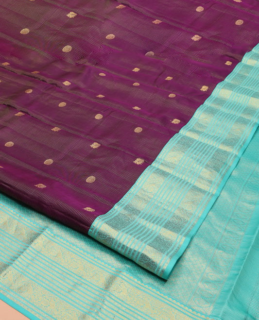 Purple Vasundhara Lite Silk Mix Saree, Elevated with Mayil-Chakram Buttas and Zari Stripes on Its Body, Complemented by a Contrast Traditional Zari Design Border, Grand Jaal Pallu, and Paired with a Contrast Blouse