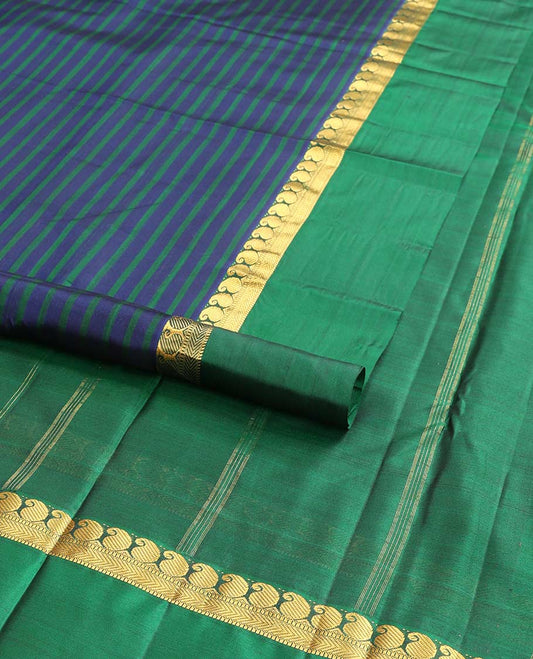 Brown striped kancheepuram silk saree with contrast ganga jamuna border of paisley, muthu, mayil design & zari design pallu