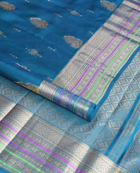 Ink blue floral design vasundhara elite silk saree with contrast intricate zari design border & floral enclosed checked design pallu