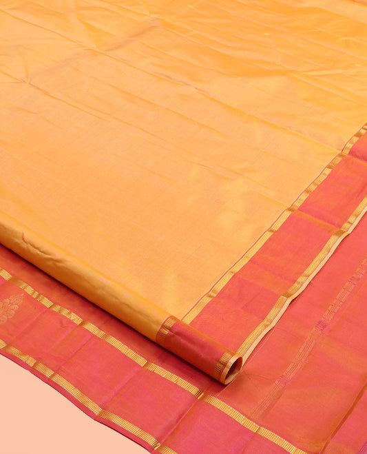 Yellow Kanchipuram Silk Saree, Woven with Zari Buttas, Complemented by Contrast Zari Motif Border, Pallu of Zari Design, and a Contrast Blouse