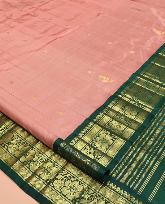Pink Kanchipuram Silk Saree, Finely Crafted with Zari Buttas, Contrast One-Sided Korvai Border of Manga, Jaal, and Kodi Visiry Designs, Kodi Visiry Pallu, and No Blouse