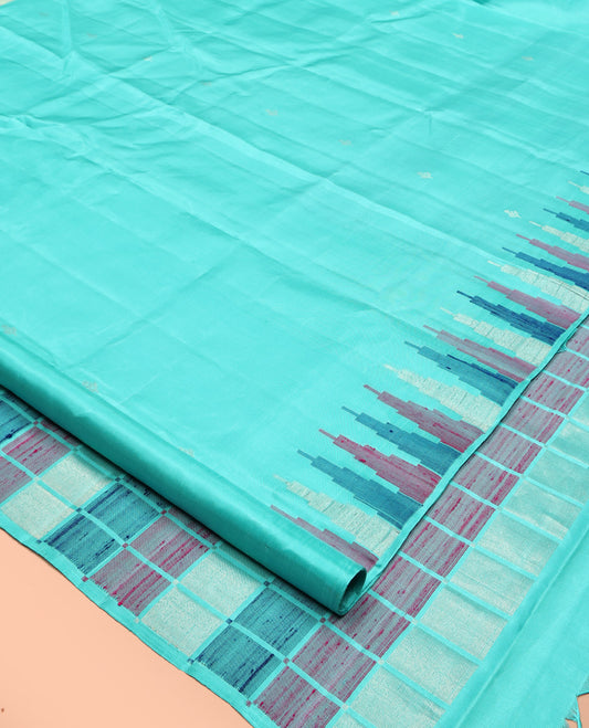 Blue Mayuri Soft Silk Saree, Sparsely Woven with Buttas All Over Its Body, Highlighted by Temple Border, Pallu of Colorful Checks, and Paired with a Matching Blouse
