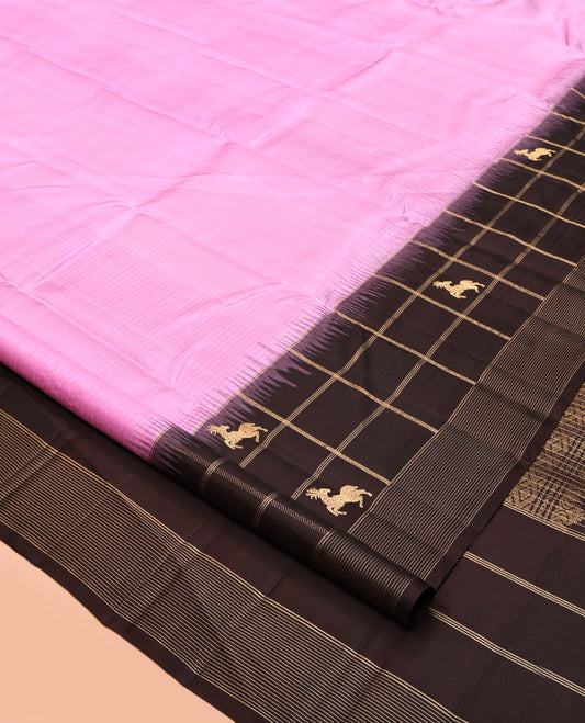 Pink Striped Kanchipuram Silk Saree, Complemented by Contrast Maan Butta Enclosed Checked Border, Jaal Pallu, and a Contrast Blouse