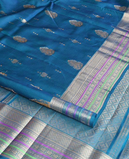 Ink blue floral design vasundhara elite silk saree with contrast intricate zari design border & floral enclosed checked design pallu