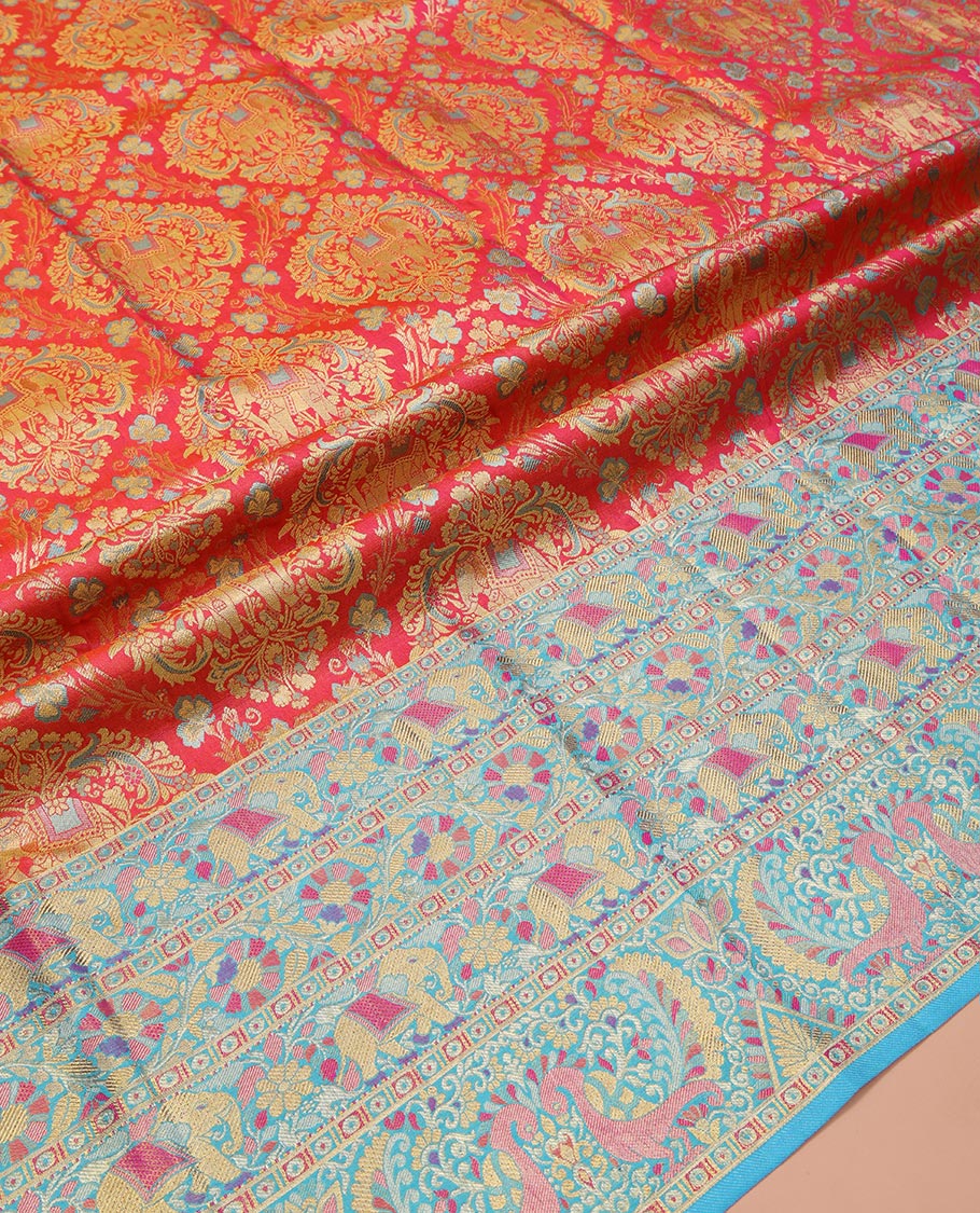 Red Pure Silk Half-Saree, Beautifully Bedecked with Jacquard All Over Its Skirt, Complemented by a Contrast Border of Meenakari Floral and Animal Designs, Paired with a Contrast Jacquard Blouse, and Comes with a Gleaming Zari Dhavani