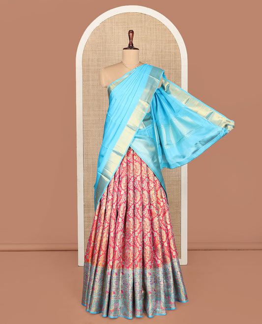Red Pure Silk Half-Saree, Beautifully Bedecked with Jacquard All Over Its Skirt, Complemented by a Contrast Border of Meenakari Floral and Animal Designs, Paired with a Contrast Jacquard Blouse, and Comes with a Gleaming Zari Dhavani