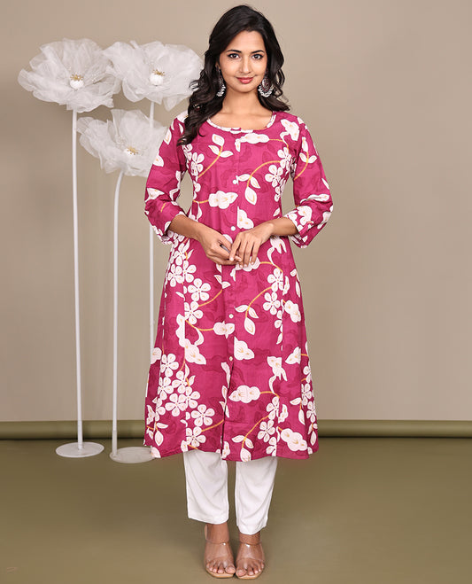 Pink Floral Printed Below-Knee-Length Cotton Kurti, Beautified with Round Neckline, 3/4 Sleeves, and A-Line Length