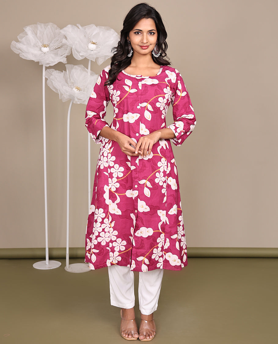 Pink Floral Printed Below-Knee-Length Cotton Kurti, Beautified with Round Neckline, 3/4 Sleeves, and A-Line Length