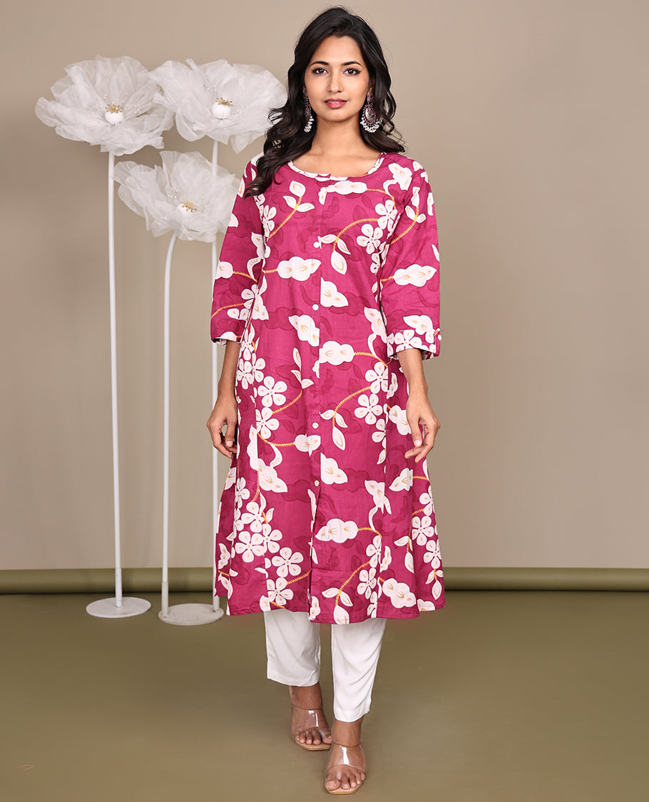 Pink Floral Printed Below-Knee-Length Cotton Kurti, Beautified with Round Neckline, 3/4 Sleeves, and A-Line Length